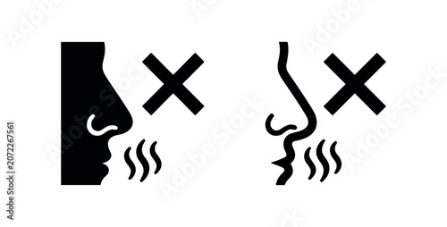 Foto No smell or bad odor prohibition icon, human nose with wavy lines and cross symbol, air quality warning