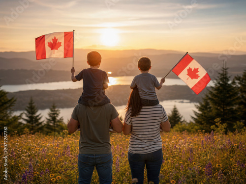 Adorable cute happy Caucasian boys holding Canadian flag on the father shoulder
