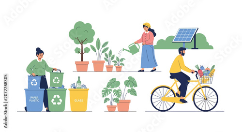 People recycling and riding bicycle.