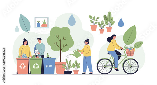 People recycling and riding bicycle.