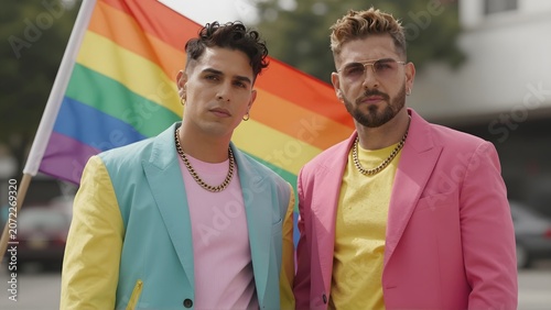 Two Stylish White Men Standing with LGBTQ Pride Flag Background
