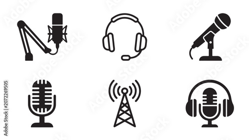 Microphone and Headset Icons for Podcast and Radio Broadcasting Concepts isolated on a transparent background
