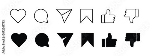 Photos Social media interaction icons including like, comment, share, save, and dislike