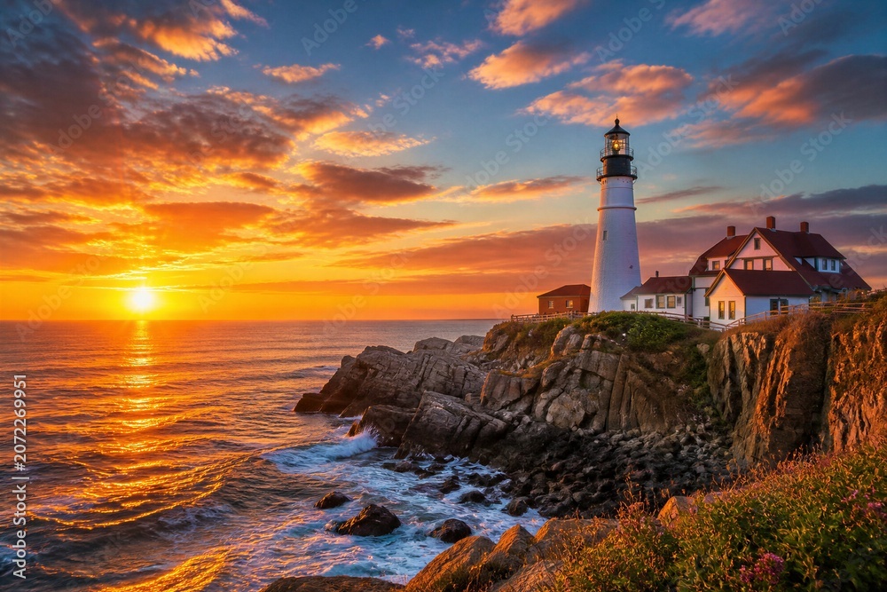 Fototapeta premium Lighthouse standing on rocky coastline at sunset over ocean