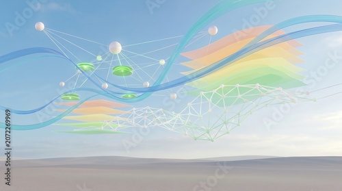Abstract climate monitoring AI visualization with sensor web, ribbon wind flows, gradient field map, pastel futuristic atmospheric depth.