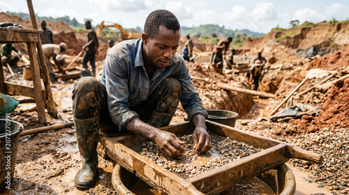 African male miner washing gravel in a wooden sieve at a muddy open-pit mine. Man sorting wet dirt searching for rough diamonds. Artisanal manual labor and mineral extraction industry