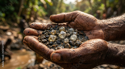 Close-up of dirty hands holding rough uncut diamonds and wet gravel. Artisanal miner displaying raw gemstones extracted from a muddy river. Natural resource discovery concept