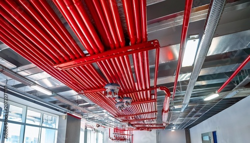bright red sprinkler pipes and sprinkler heads installed on a ceiling fire suppression system ensures safety protection against potential fire hazards in building indoor infrastructure