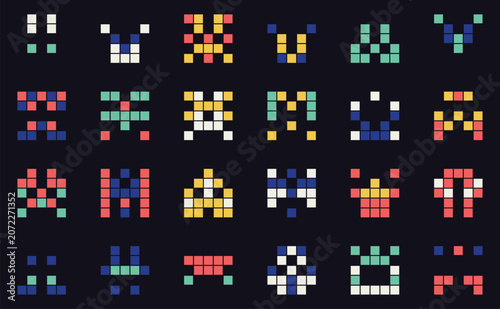 Fotografija Pixel art alien creatures grid retro arcade game vector pattern