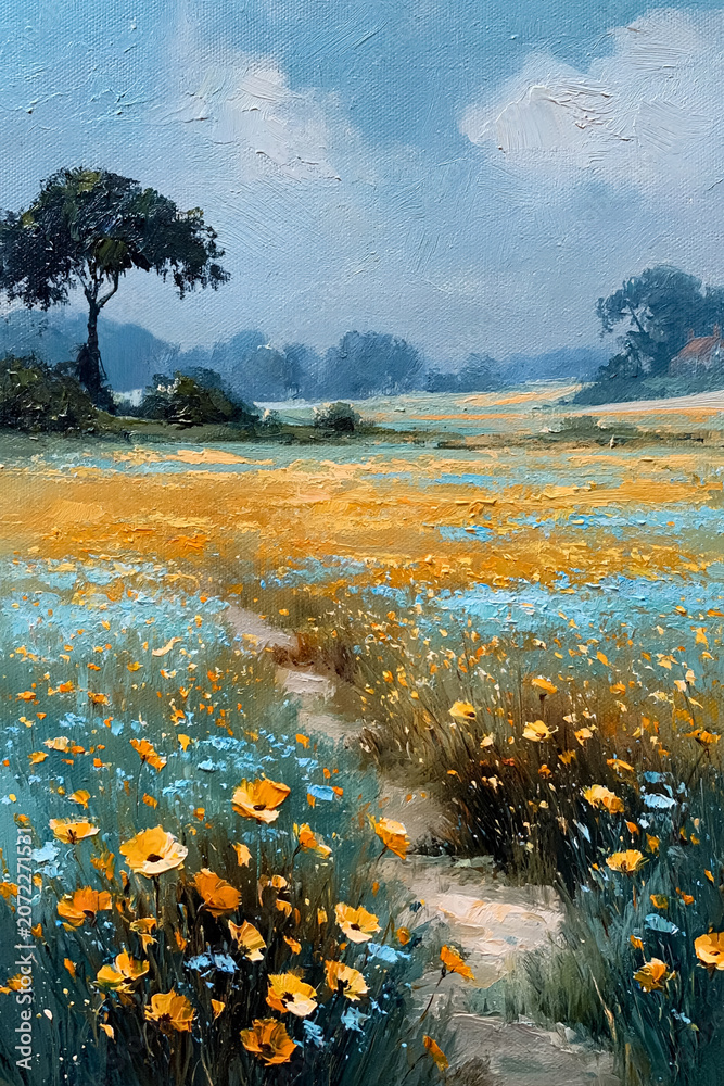 Fototapeta premium Serene country landscape painting showing a dirt path winding through a vibrant field of yellow and blue wildflowers