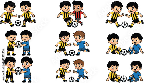 Cuadro en lienzo Diverse set of cartoon boys playing soccer tackling passing and sitting together
