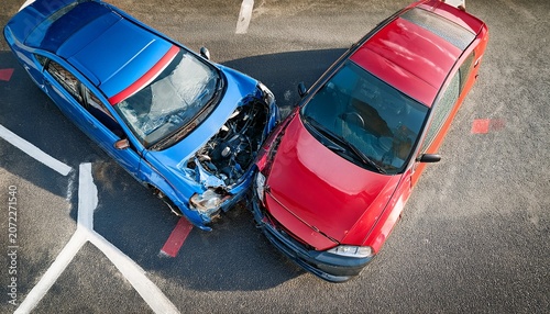 aerial view of two crashed cars blue and red in a parking lot damaged front ends and broken glass