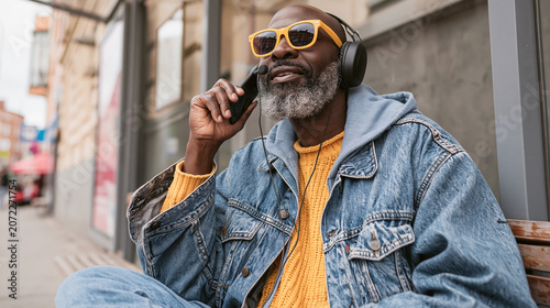 Blind african american man enjoys quiet moment while communicating on bench