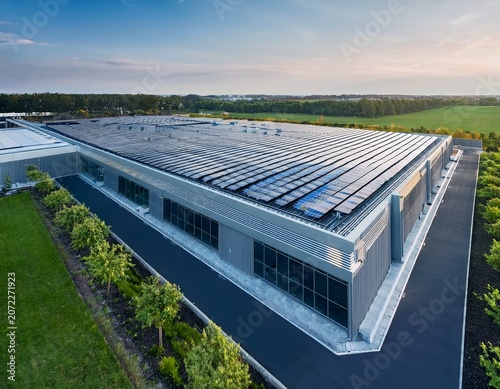 aerial view of modern data center facility exterior with solar panels on the roof and green space around it the building is large in size featuring sleek grey metal cladding and glass windows