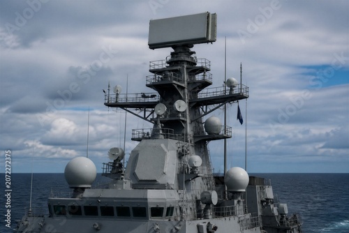 Naval warship radar mast scanning at sea under cloudy sky