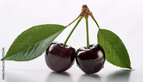 two black cherries with leaf white background