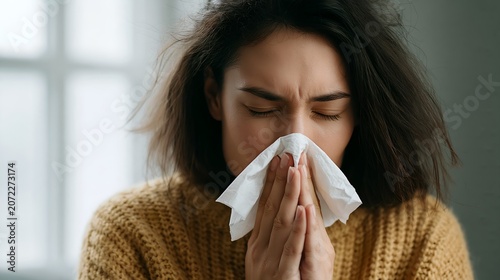 Close-up of sick woman using tissue to wipe nose
