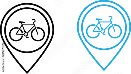 Bicycle location map pin icons for navigation and cycling path signage