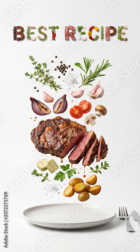 Levitating multi layered Steak and BEST RECIPE text made of organic ingredients above a plate, conceptual food photography on white background