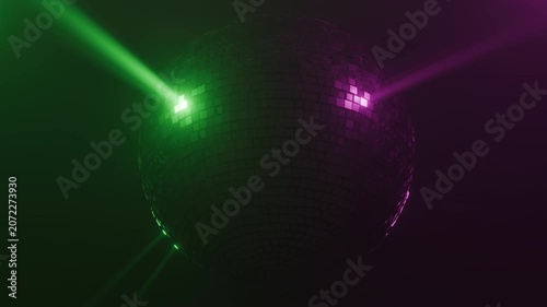 Dark spinning disco ball in fog red green rays 3d seamless loop animation