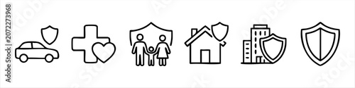 Set of hand-drawn line icons illustrating various insurance types: car, health, life, home, and business. Ideal for financial services, security concepts, and insurance policy marketing materials.