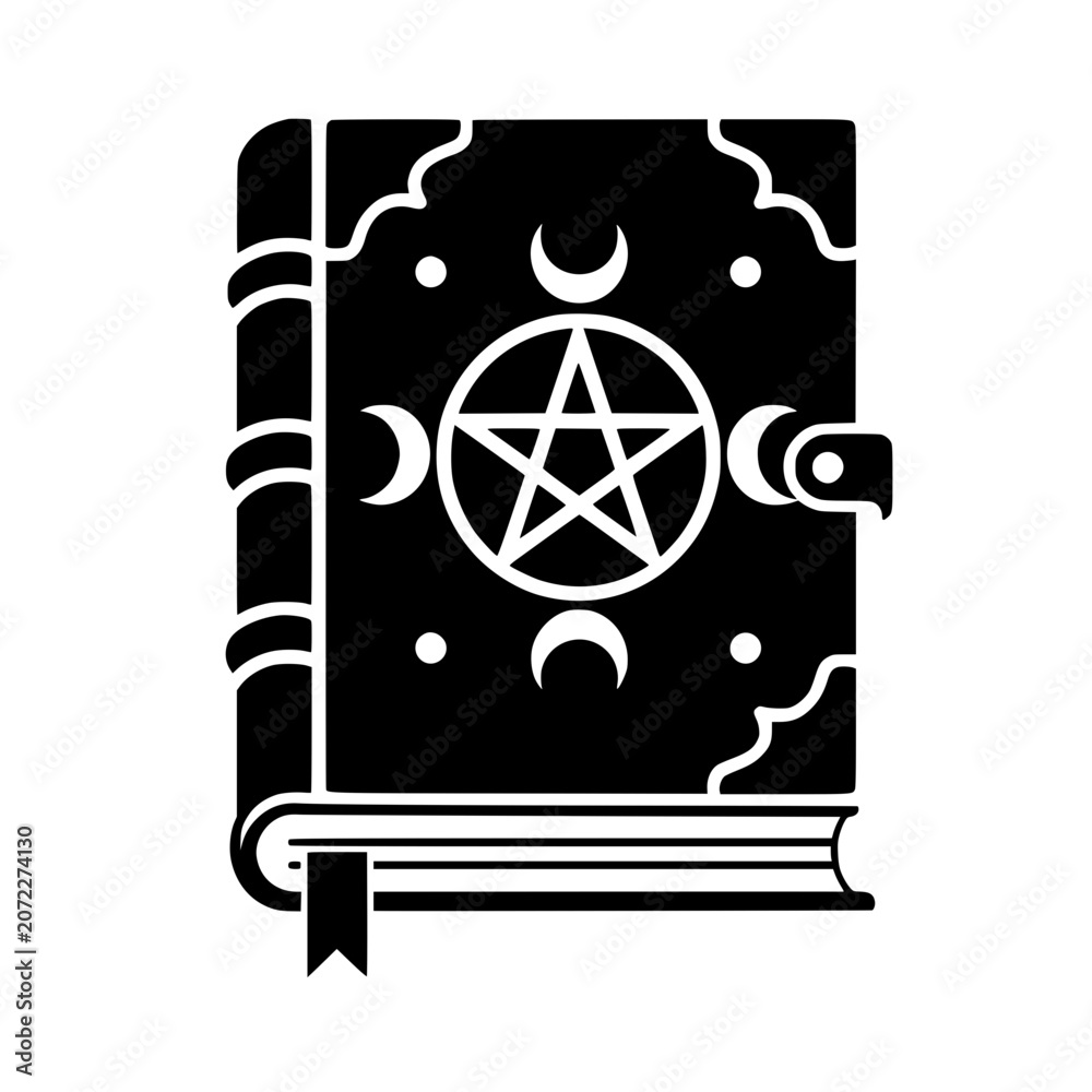 Fototapeta premium Black silhouette of a mystical spell book with pentagram, isolated on a transparent background. Perfect for occult themes.