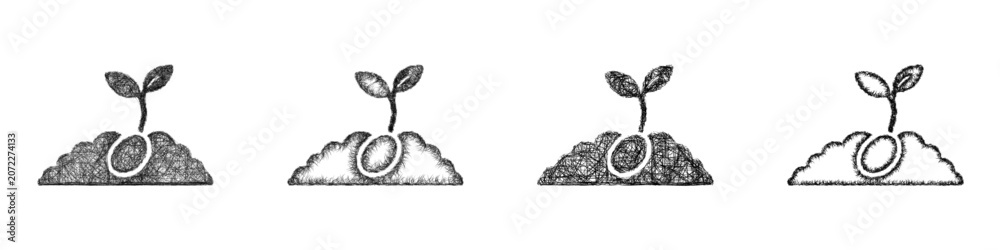 Obraz premium Black and white sketch seed germination icon design set