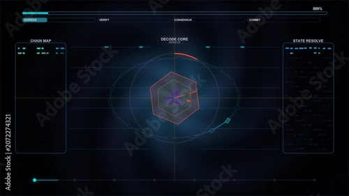 Cryptocurrency blockchain dashboard animation showing decode core consensus and verification progress