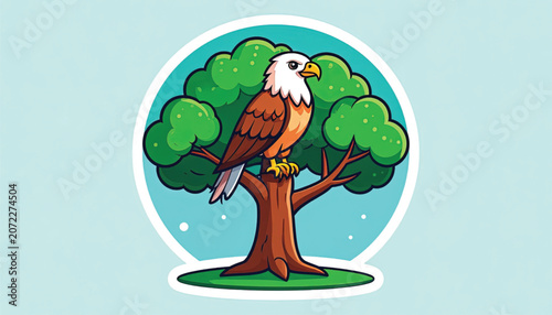 Brown Eagle Perched on Tree Branch.