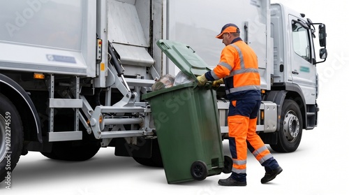 Sanitation Worker Loading Wheeled Trash Bin into Garbage Truck