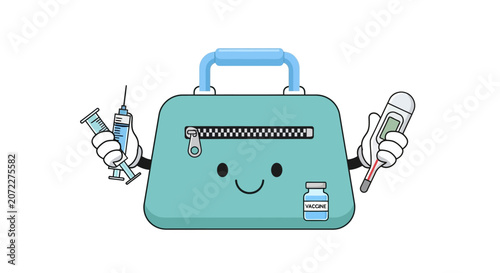 A cute cartoon medical bag holding a syringe and a thermometer