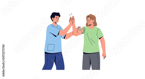 A medical professional gives a patient a high five after vaccination