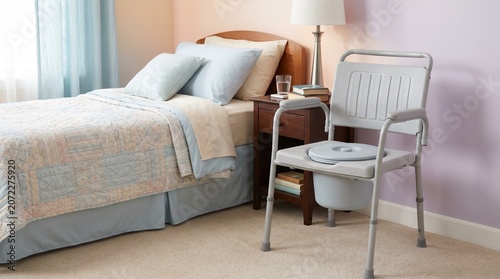 Portable bedside commode chair next to a bed in a bedroom. Home medical equipment for elderly care and mobility assistance