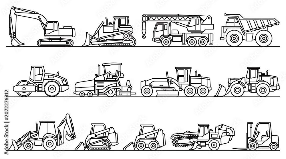 Obraz premium Black and white construction machinery silhouettes aligned in rows flat vector style 