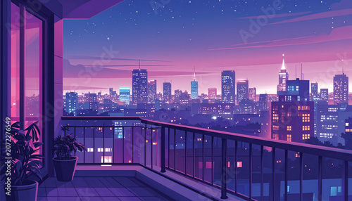 City Skyline at Dusk from Balcony.