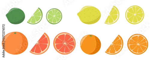 Fotografía Citrus Fruits Collection with Orange, Lemon, Lime and Grapefruit Slices Vector S