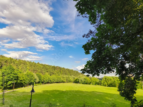 Green field in the park and blue sky with beautiful fluffy clouds in sun summer day. Natural nature panorama cloudscape bright background