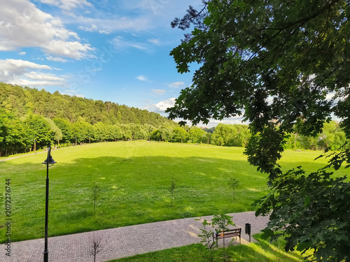 Green field in the park and blue sky with beautiful fluffy clouds in sun summer day. Natural nature panorama cloudscape bright background