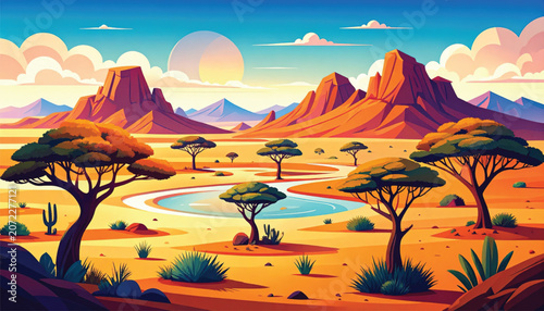 Acacia Trees in Desert Landscape Scene.