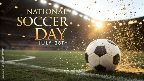 National soccer day july 28th cinematic poster featuring a traditional football on a professional stadium pitch with golden glittering particles