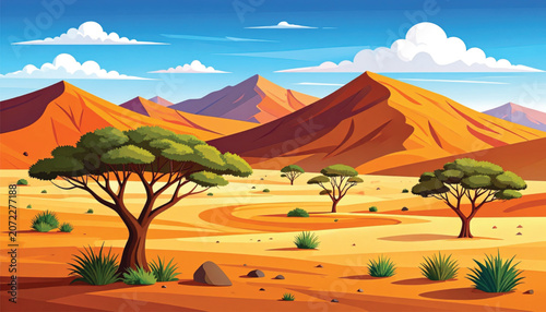 Acacia trees in desert landscape scene.