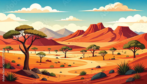 Acacia Tree in Desert Landscape Scene.