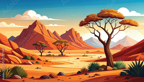 Acacia Tree in Desert Landscape Scene.