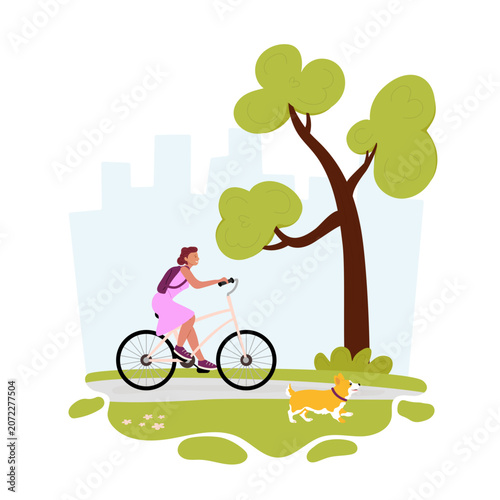 Bike ride witj dog in forest. Young woman on bicycle. Vector illustration for outdoor adventure, pet lifestyler, sport blog