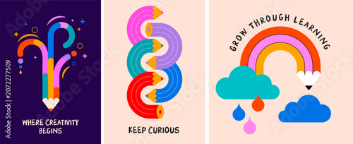 Back to school posters and prints collection with colorful twisted curved pencils, rainbows, clouds and raindrops. Playful education vector illustration