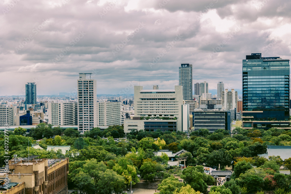 Fototapeta premium Viewing business district with contemporary architecture and layered cityscape in daylight, Osaka, Japan 