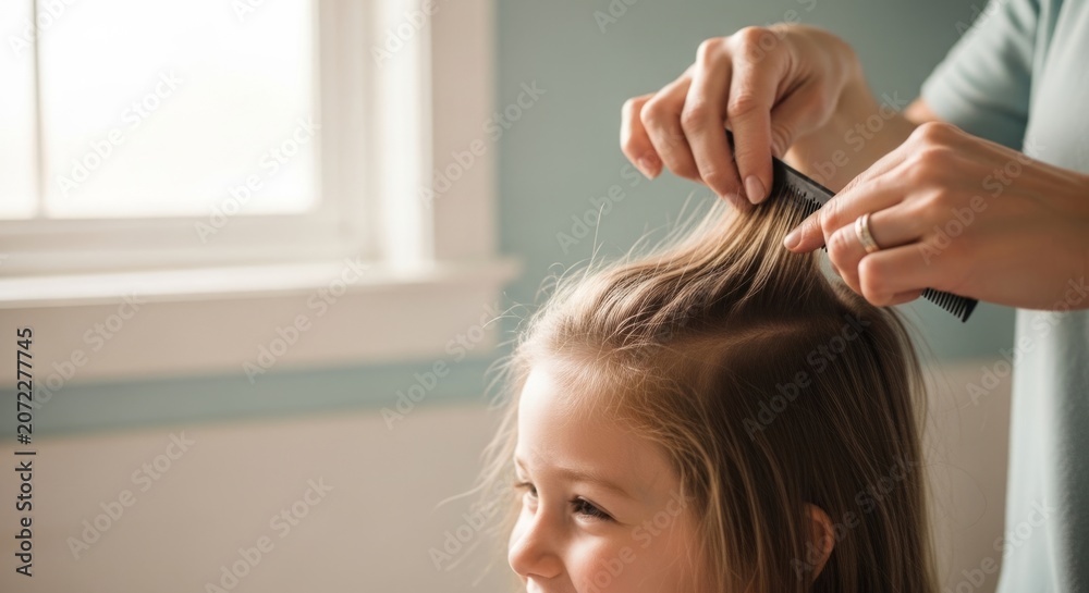 Fototapeta premium Parent's hands gently comb a young child's hair, showcasing a tender moment of care and family bonding in soft natural light.