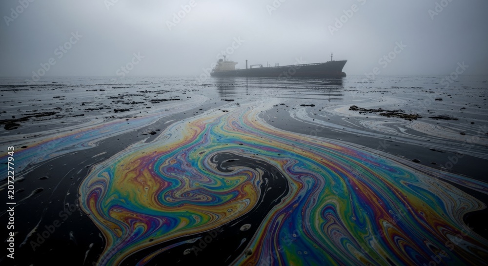Naklejka premium Colorful oil slicks swirl on dark water near a foggy tanker, symbolizing environmental disaster and pollution.
