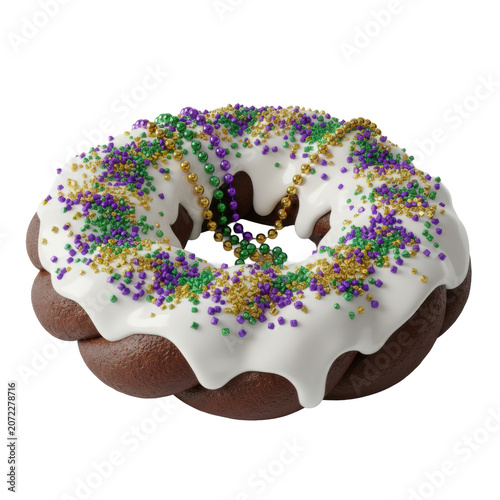 Gourmet braided dark chocolate king cake with glossy royal icing and vibrant purple green and gold sugar crystals adorned with reflective beads festive atmosphere