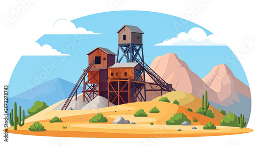 Abandoned mine headframe in desert.